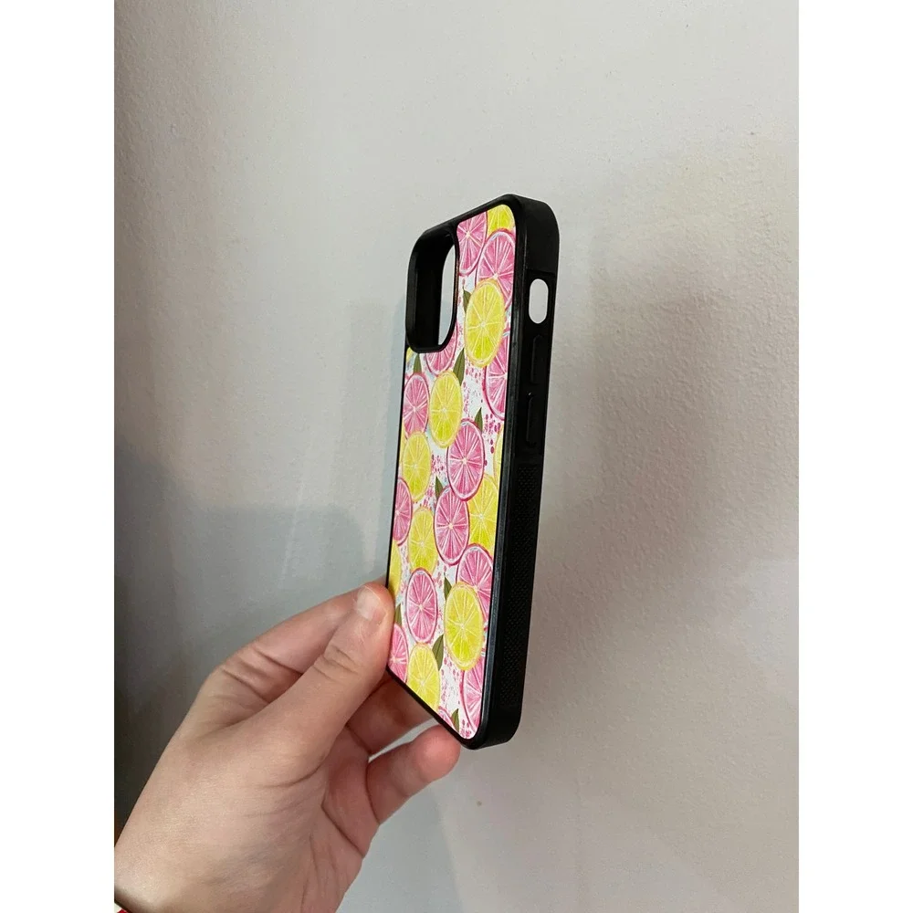 iPhone 13 Mini Case Pink Yellow Citrus Lemon Pattern Black Bumper Protective